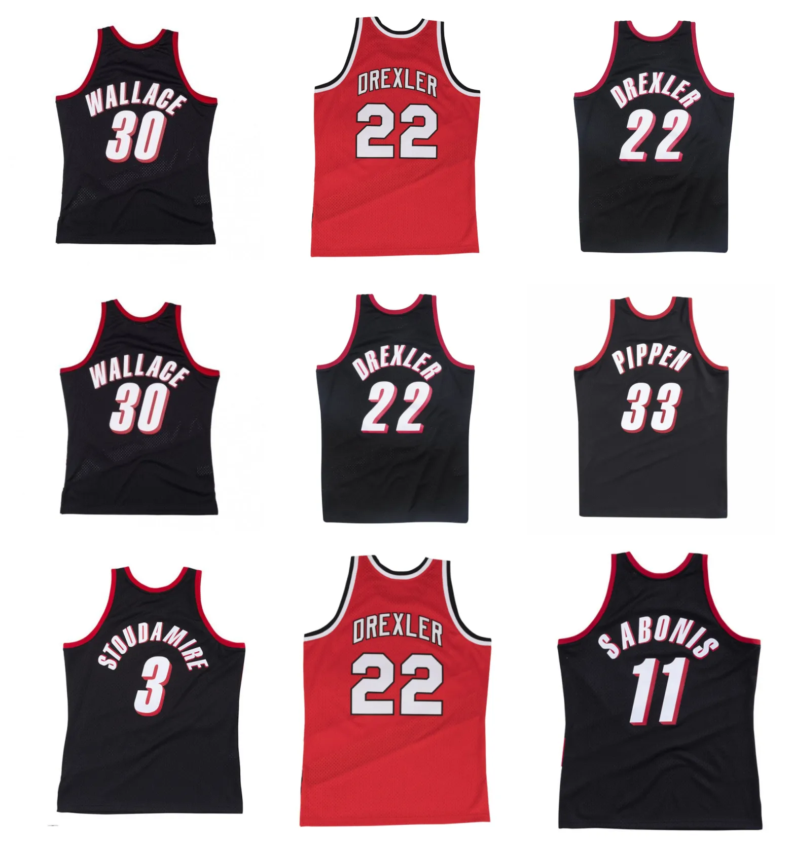 Clyde Drexler Blazer Basketbalshirt Portlands Trail Rasheed Wallace Scottie Pippen Stoudamire Arvydas Sabonis Throwback Rood Zwart Maat S-XXL