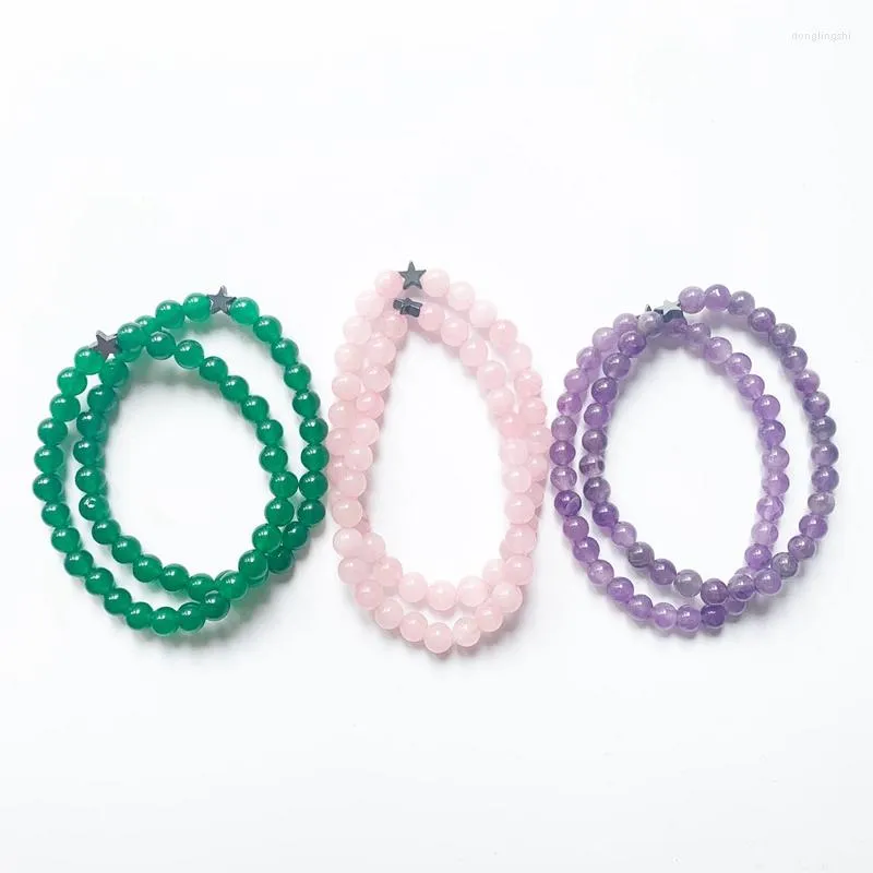 Strand 6mm Natural Pink Purple Quartz Armband Elastic Green Aventurine Stone Star Beads Men Women 1pc Drop
