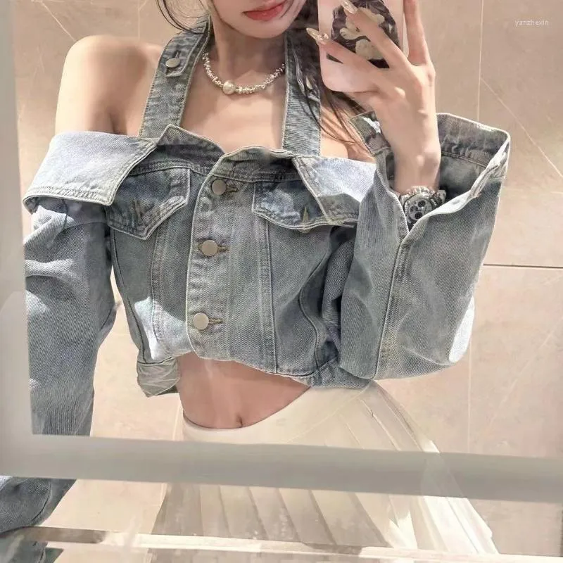 Vestes pour femmes Vintage évidé sans bretelles décontracté lavé à manches longues veste femmes 2023 été Streetwear lâche Sexy licou Denim Crop hauts