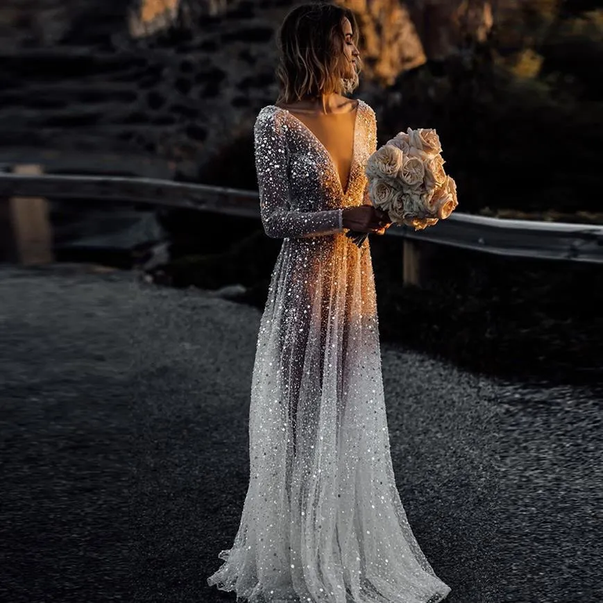 Sexy Illusion Boho Wedding Dress A-Line V-Neck Sleeves Wedding Dresses Backless Beach Bridal Gowns Sequined Beading Beach 2021233r