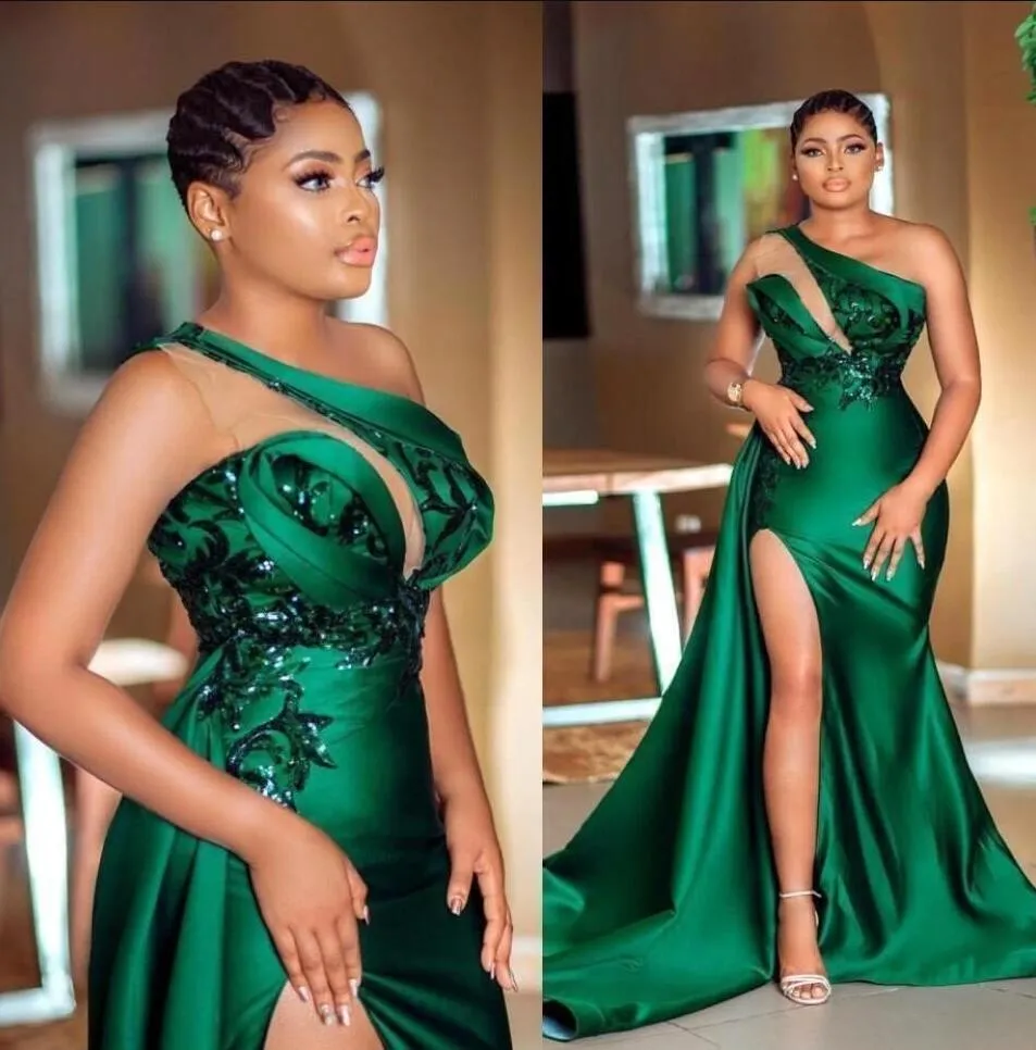 2023 Hunter Green One shoulder evening dresses Neckline Bridesmaid Dresses High Side Split Long Sweep Vestidos De Fiesta Arabic Aso Ebi Maid Of Honor Prom Dress BC996