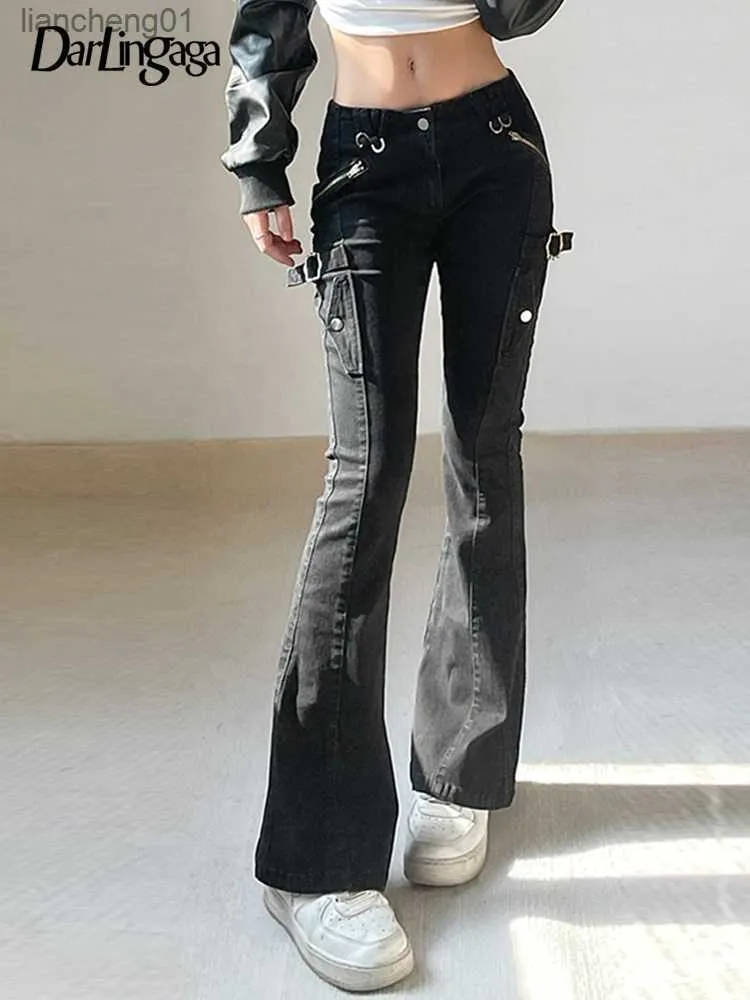 Darlingaga Gothic Punk Buckle Skinny Flare Jeans Women Slim Black Harajuku  Denim Low Waist Trousers Korean Stretch Capris Pants L230619