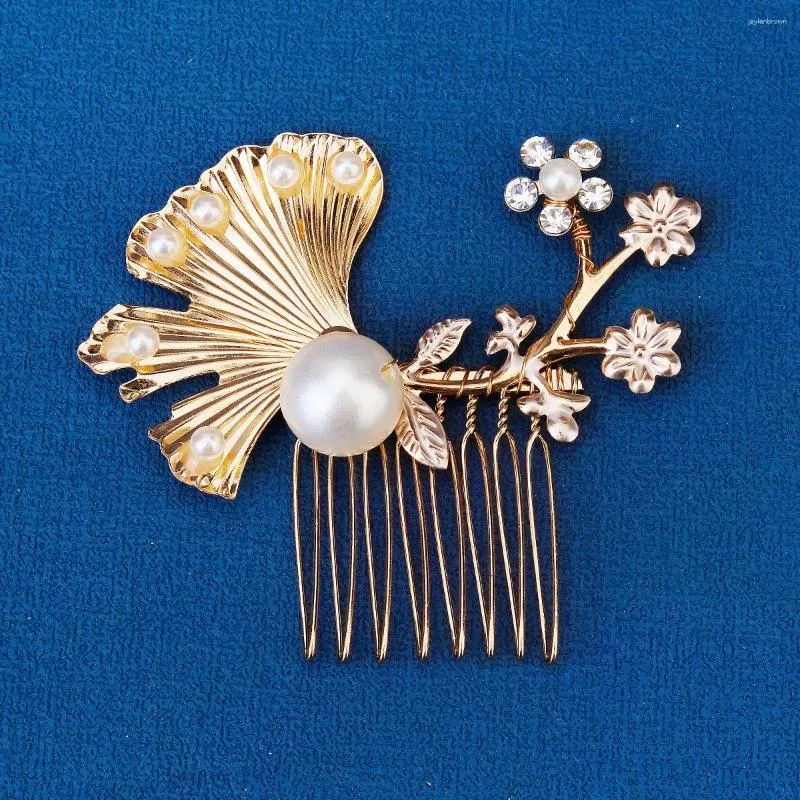 Headpieces Gold Color Pearl Wedding Hair Comb Accessories For Women Tiara pannband Ginkgo Biloba Leaf Jewelry Bridal Headpiece