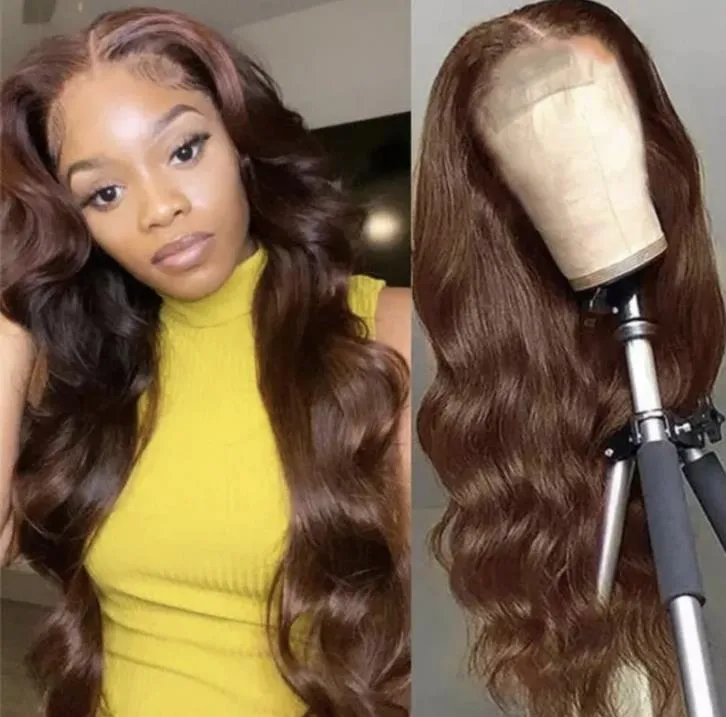 Bruin 13*4 Lace Front Menselijk Haar Pruik Virgin Haar Transparant Body Wave Pruiken