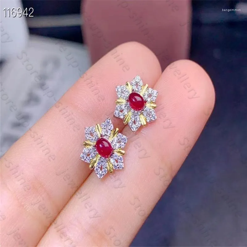 Stud Earrings Women's 925 Silver Natural Ruby Two-color Plating Process SnowflakeDesign Small And Cute