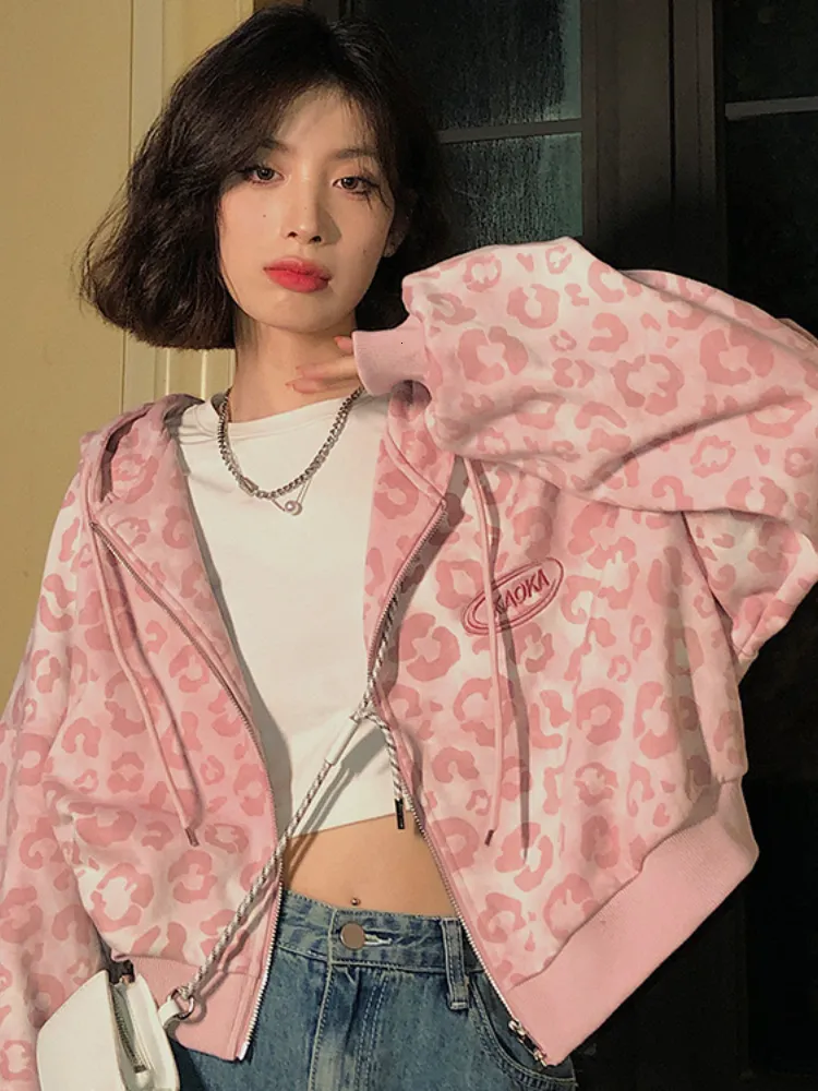 Sweats à capuche pour femmes Sweats Deeptown Preppy Style Rose Imprimé Léopard Y2K Harajuku Surdimensionné Femmes Vintage Zipper Cropped Top Mignon Veste 230731