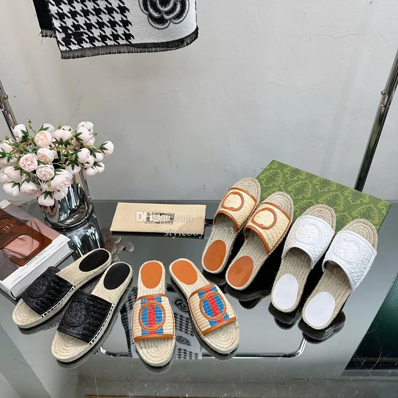 新しい女性の連動G espadrillesソールフラットスライドスリッパラフィアサンダルオープントゥートゥラグジュアリーデザイナーカジュアルシューズファクトリーフットウェア35-41