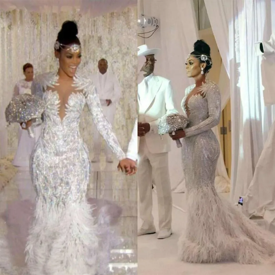 Robes de mariée sirène modestes bijou cou manches longues tulle dentelle appliques cristal plumes robes de mariée balayage train robe de mariee2028