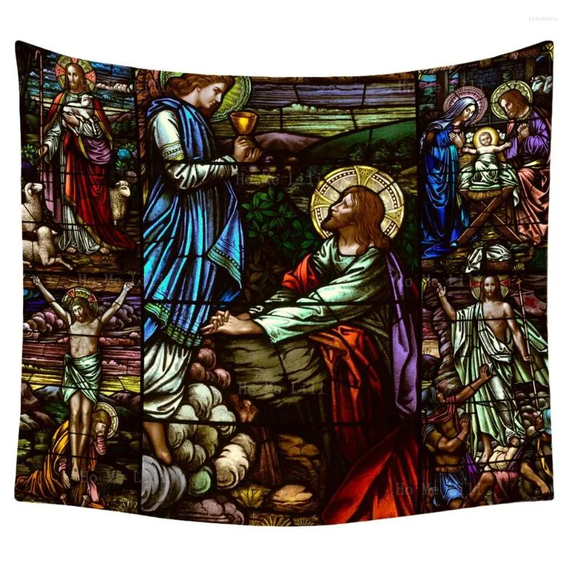 Tapestries Resurrection Good Shepherd Crucifixion Nativity Adoration Of Magi Mary Jesus Art Christian Stained Glass Window Wall Tapestry