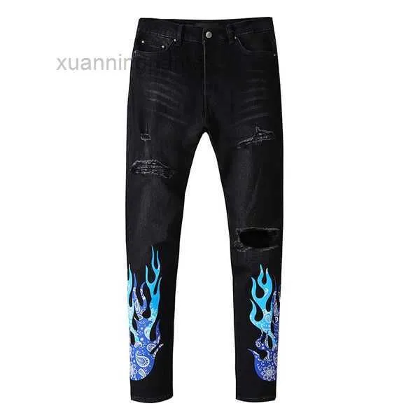Jeans europeu rasgado jeans masculino bordado costura equitação legal fino roxo 3PRZ