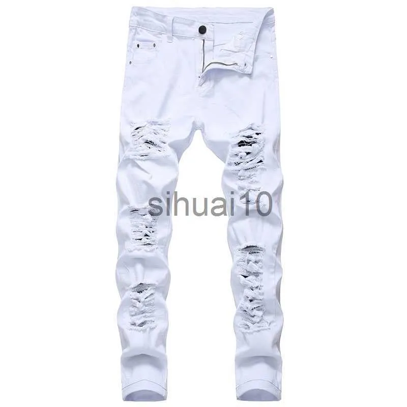 Erkek kot erkek beyaz kot pantolon moda hip hop yırtılmış sıska erkekler denim pantolonlar ince fit sıkıntılı fermuarlı erkek jean pantolon yüksek kalite j230728