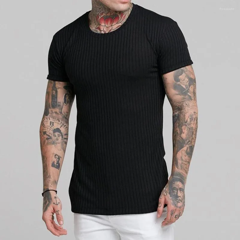 Camisetas masculinas esportivas tamanho grande verão fitness ao ar livre elástico listrado gola redonda manga curta casual corrida respirável