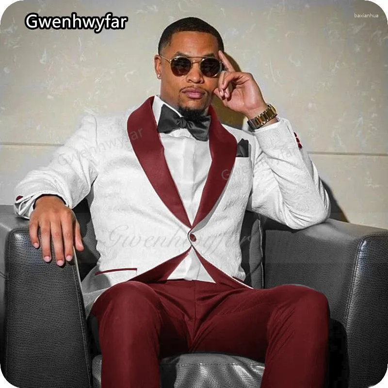 Men's Suits Gwenhwyfar 2023 Latest White Jacquard Suit Set Wine Red Collar Pants 3 Pieces Garment Homme Mariage