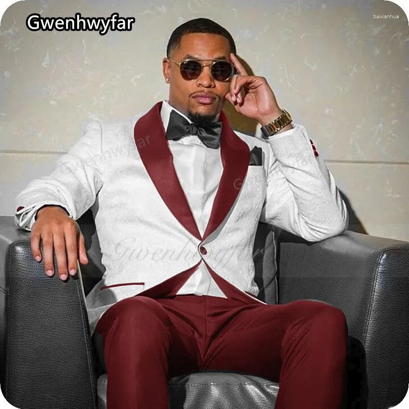 Mäns kostymer Gwenhwyfar 2023 Senaste White Jacquard Set Set Wine Red Collar Pants 3 Pieces Plagment Homme Mariage