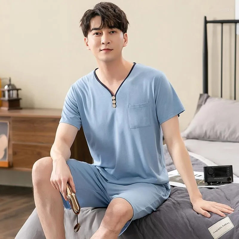 Men's Sleepwear V-Neck Modal Cotton Mens Summer Short Slve Shorts Pajamas Set Big Size M-4XL Slpwear Leisure Suits Nightwear Men Pijamas