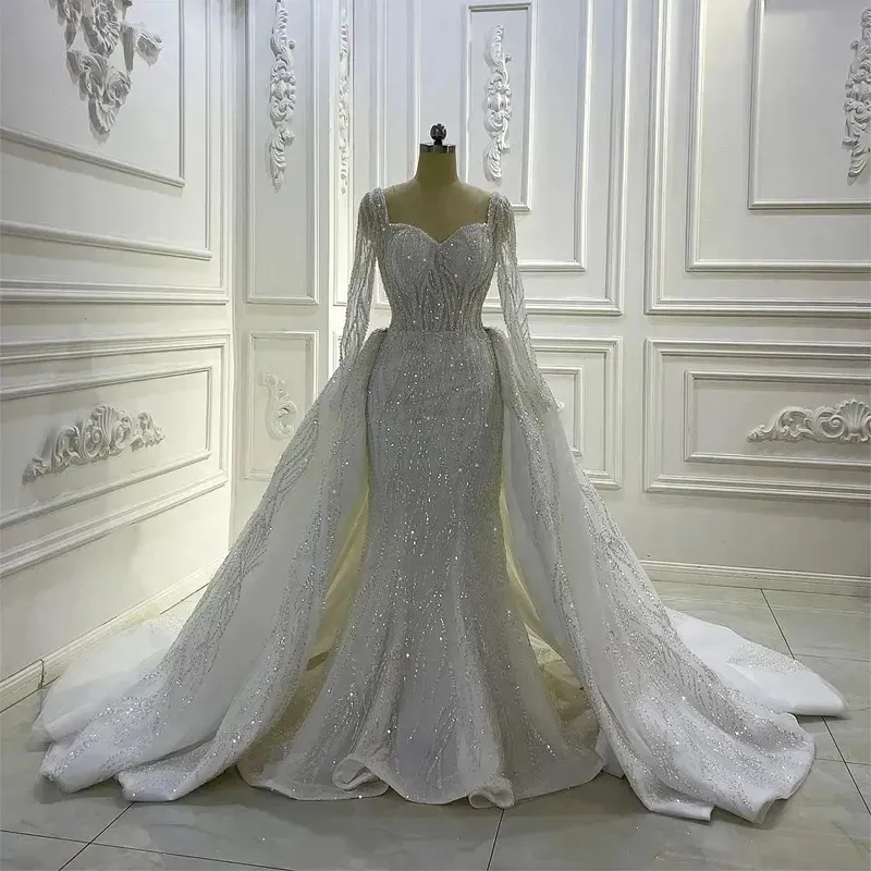 Portret syrena ślub z przeorami koronki Ruched Sparkle Rhinstone suknie ślubne Dubai sukienki