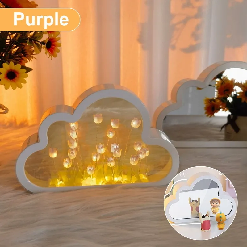 Veilleuse LED nuage tulipe bricolage, ornements de chambre de fille, cadre  photo créatif, miroir, lampes de table, chevet, cadeaux d'anniversaire  faits à la main