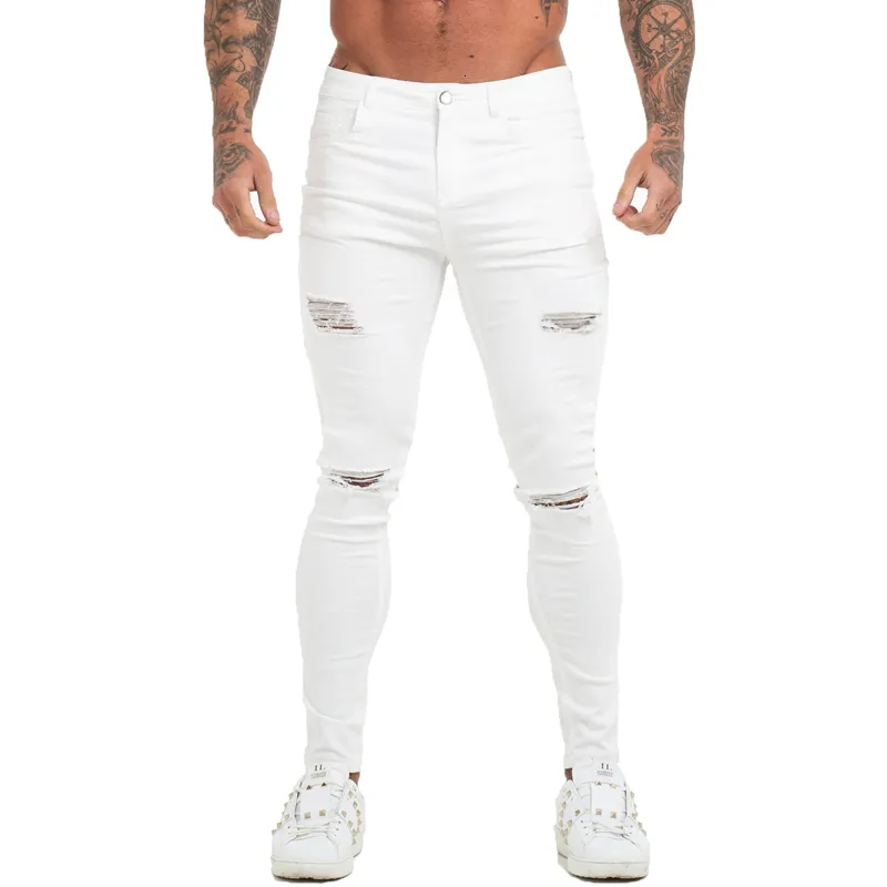 Herr jeans gingtto jeans män elastisk midja mager jeans män sträcka rippade byxor streetwear mens denim jeans vita byxor smala passform 230729