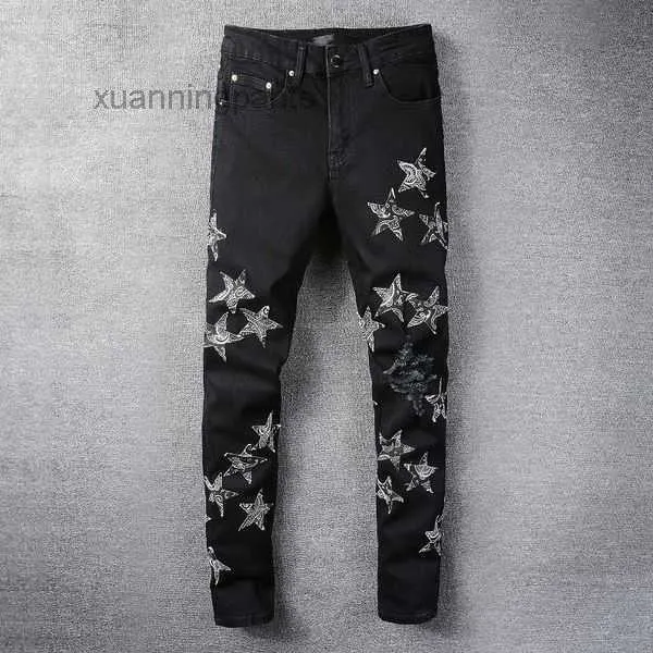 Jeans Cool Style Luxury Fashion Embroidered Patches Denim Ripped Biker Black Blue Men Slim Pencil Jean Slim Fit TR3Q