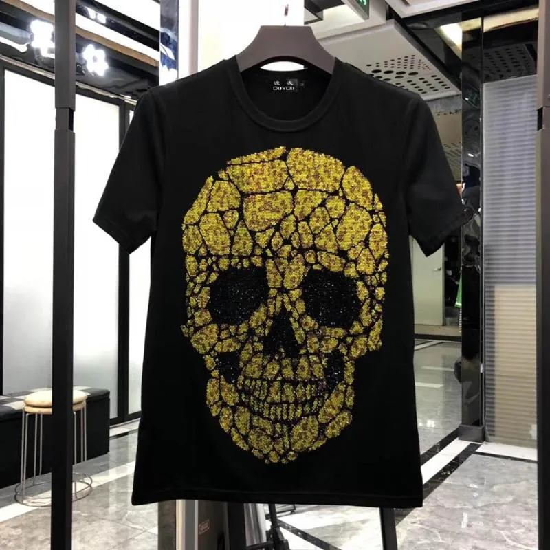 Camisetas masculinas slim fit cristal grande caveira estampada camiseta gola redonda ouroprata camiseta top masculino camisa de grife roupas de marca