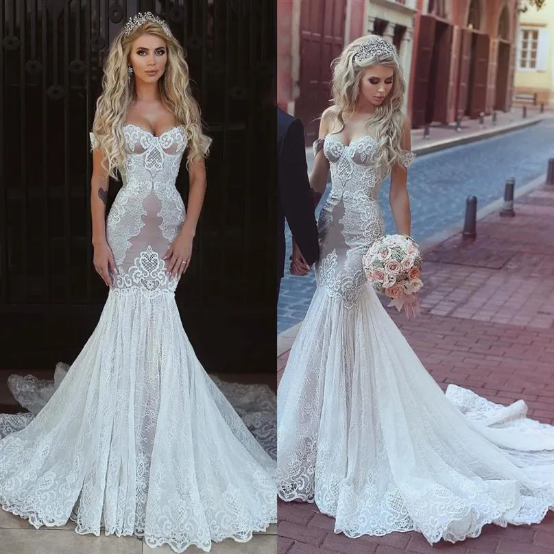 Stylish Lace Mermaid Wedding Gown Sexy Off Shoulder Sleeveless Applique Lace-Up Open Back Wedding Dress Custom Made Sweep Train Br2792