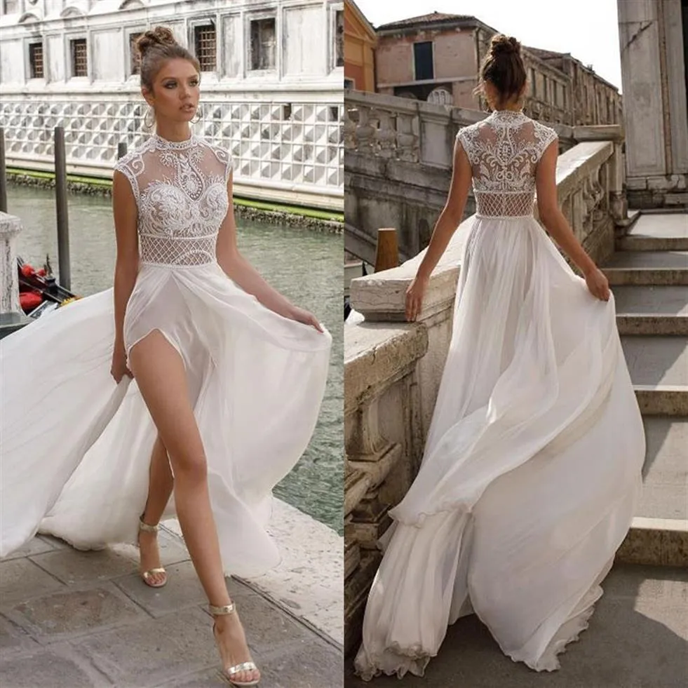 Julie Vino 2019 Robes De Mariée Hautes Fentes Bohême Sexy Dentelle Appliqued Robes De Mariée Une Ligne Robe De Mariage De Plage255D