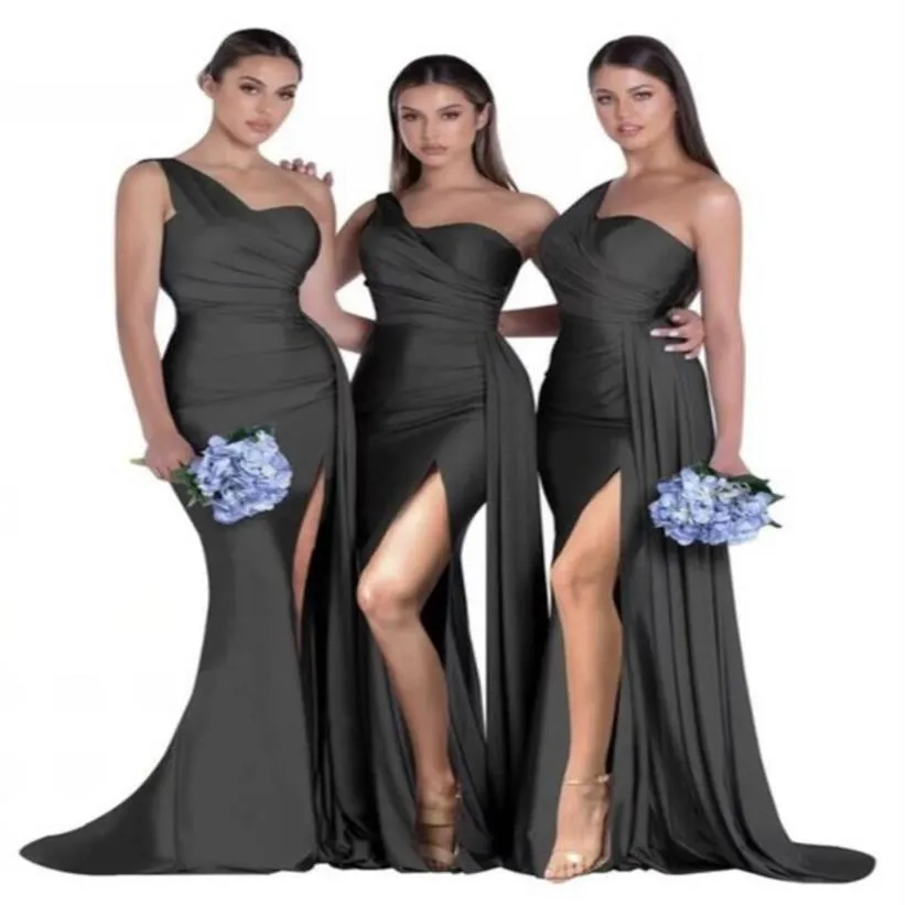 2023 Sexy Split Side Green Country Style Boda Vestidos de dama de honor Spandex Satén Sirena Vestidos de dama de honor Fiesta Prom Robe GW0213290r