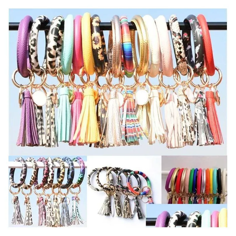 Keychains Lanyards Women Tassel Party Armband Pu Leather Wrap Key Ring Leopard Lily Print Keychain Keyring Armband Sunflower Cir Otzpy