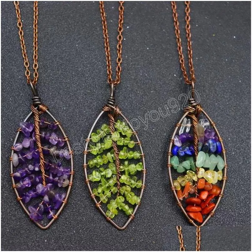 Pendant Necklaces Leaf Reiki Healing Stones 7 Chakra Crystal Tree Of Life Colorf Natural Gemstone Leaves Pendum Necklace For Women Gif Dho5V