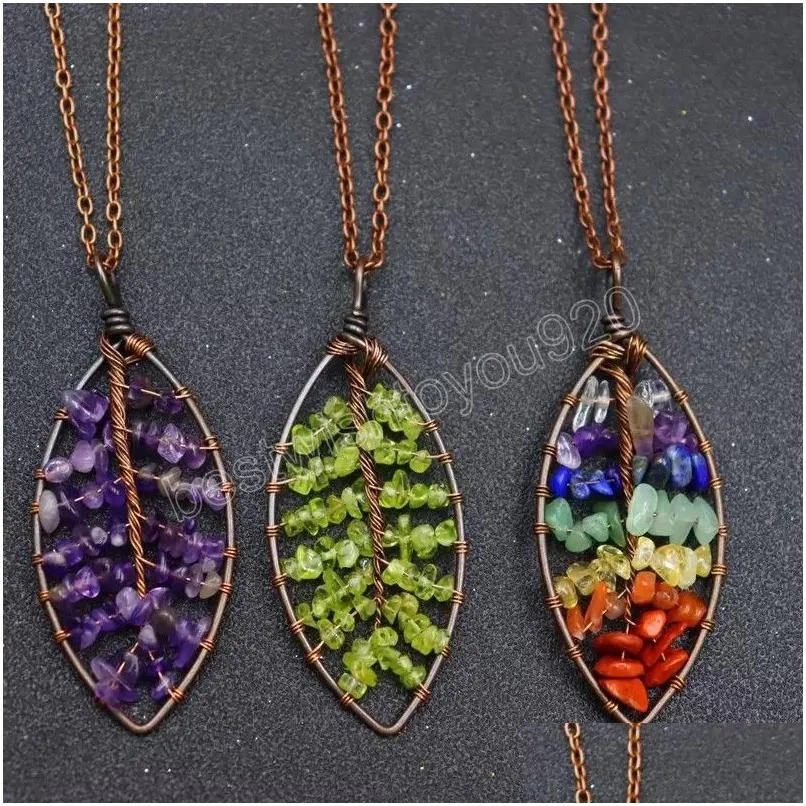 Colares com Pingente Folha Reiki Pedras de Cura 7 Chakra Cristal Árvore da Vida Colorf Pedra Preciosa Natural Folhas Colar Pendum Para Mulheres Gif Dho5V