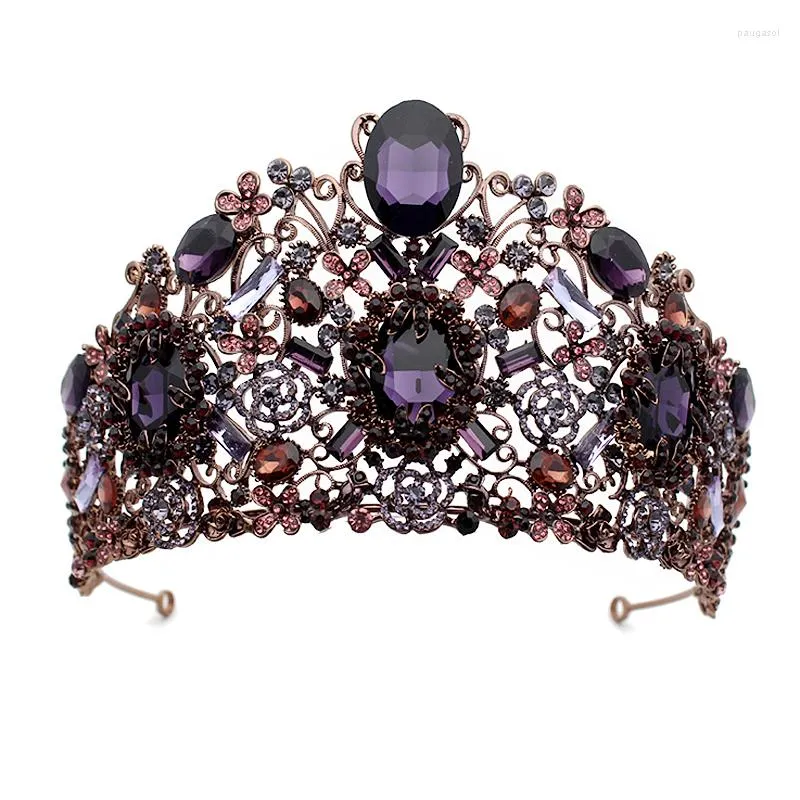 Hårklipp stora lyxiga lila kristall barock tiara pannband vintage bröllopskrona för kvinnor diadem brud smycken