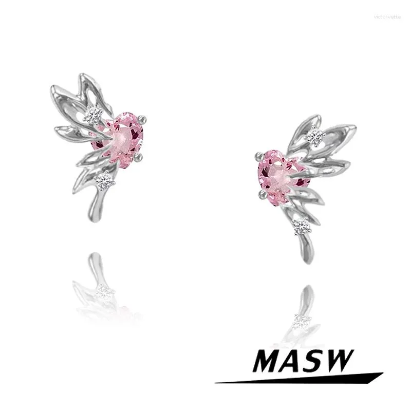 Studörhängen masw original design söt stil tjock silverpläterad fjäril rosa glas för kvinnor tjej lyx smycken fest gåva