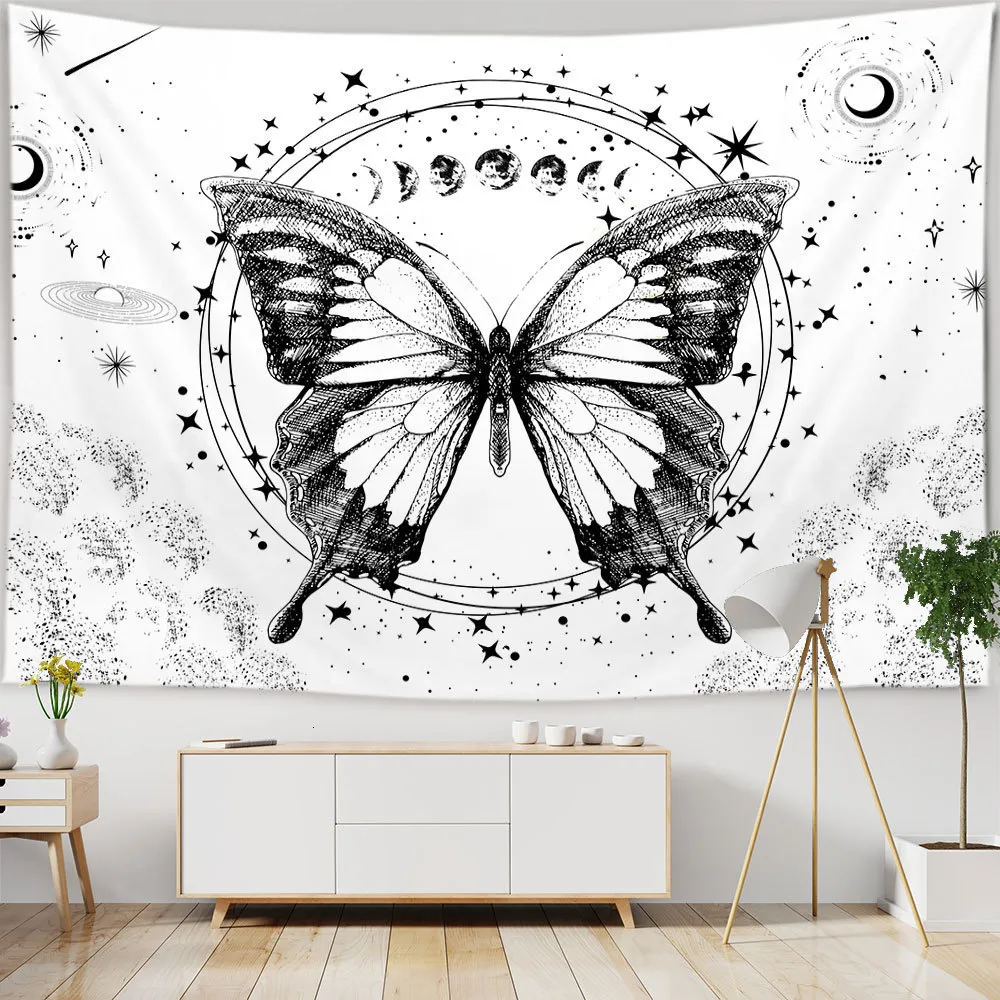 Decorative Objects Figurines Butterflies and Moths Tapestry Black White Flower Wall Hanging Beach Blanket Romantic Bedroom Dorm Home Decor 230731