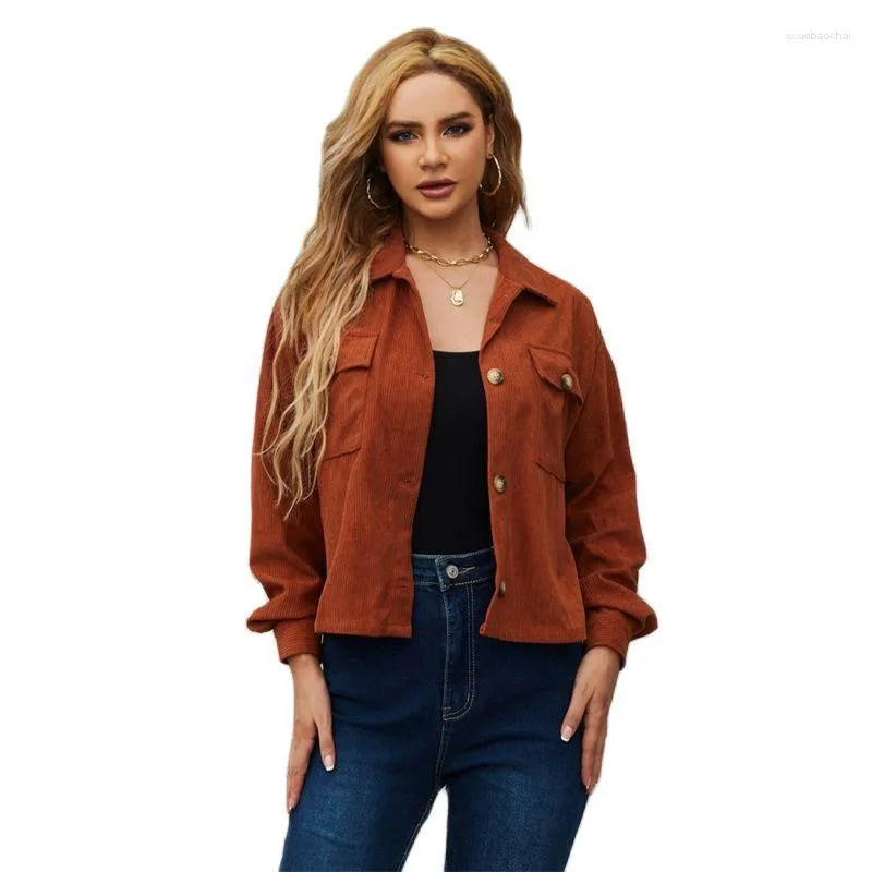 Damenjacken Cord Kurze Jacke Frauen Hemd Stil Mantel Frühling Herbst Dame Lose Oberbekleidung Solide Langhülse Tasche Casual Tops Nr