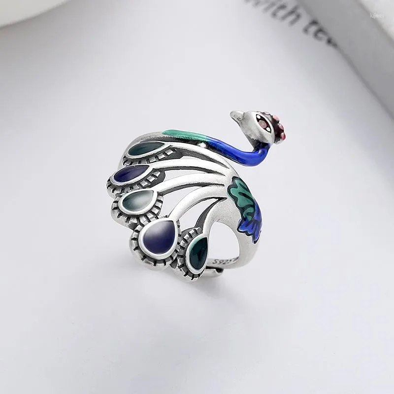 Cluster Rings S925 Sterling Silver Peacock Phoenix For Women And Men Natural Resin Inlaid Design Fashionable Vintage Style