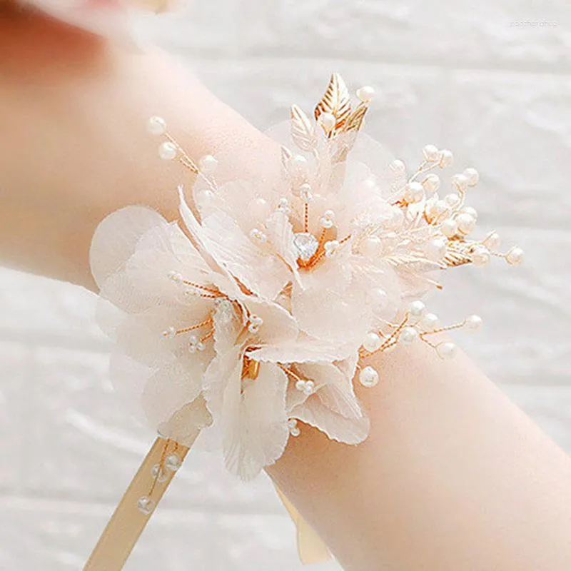 Pulseira Noiva Pulseira Dama de Honra Pulso Flor Festa de Casamento Jóias Acessórios Mão Artificial Flores Fita Pérola Pulseira