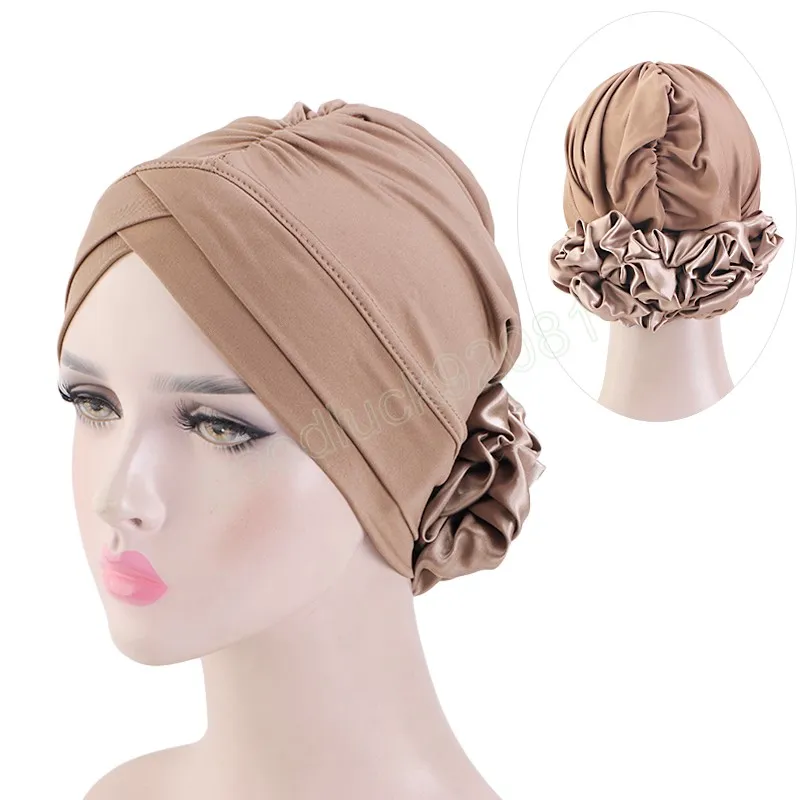 New Women Big Flower Turban Cap Forehead Crossing Bottoming Cap Muslim Instant Hijabs Scarf Islamic Bonnet Hat Chemo Beanie Hat