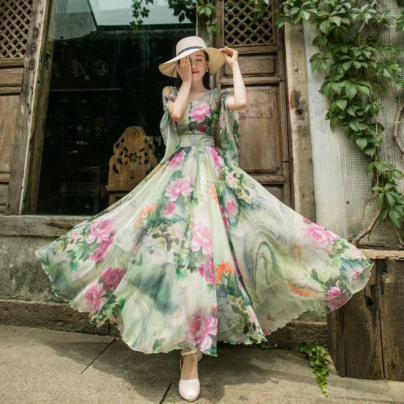 Robes décontractées français Vintage Slim imprimé fleuri Midi vacances robe de princesse élégante fête fée grande balançoire femmes printemps 2023 été