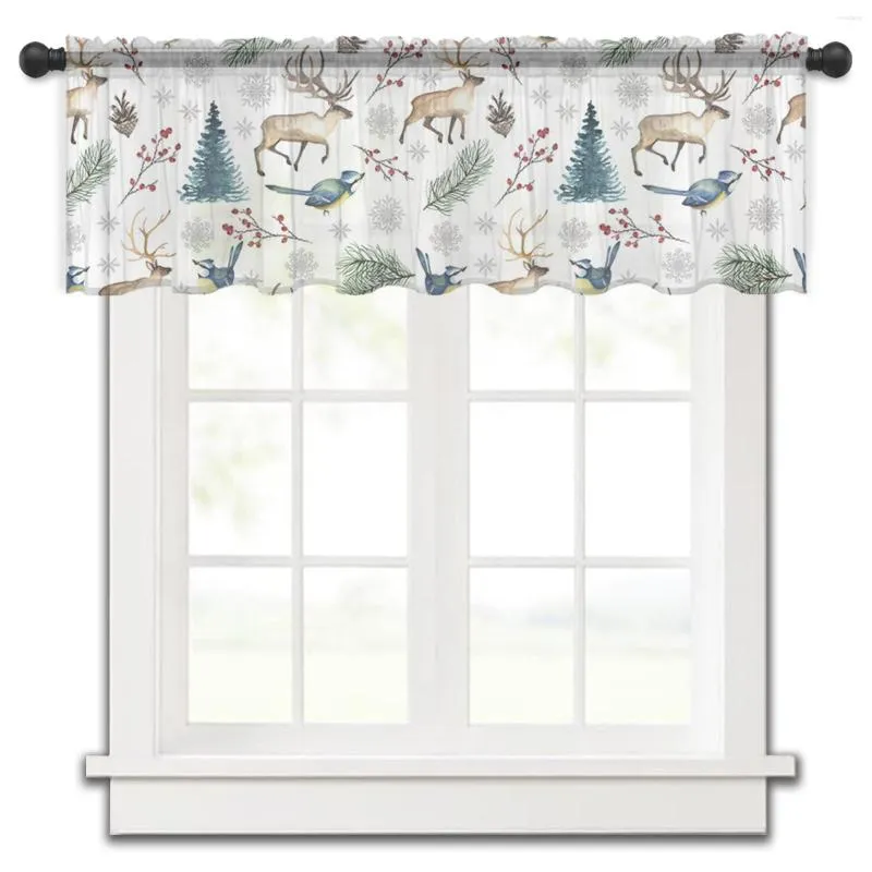 Cortina Natal Floco de Neve Elk Baga Pássaro Cozinha Pequeno Tule Transparente Quarto Curto Sala de Estar Decoração para Casa Cortinas Voile