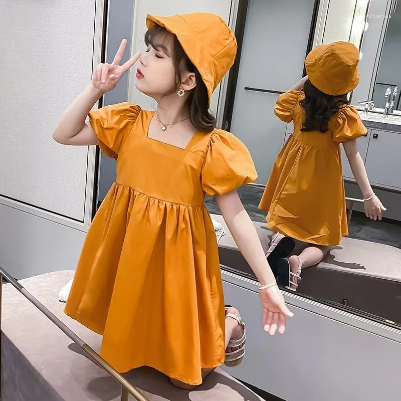 女の子のドレスキッズカジュアルドレスガール4〜12歳の服イエローピンクラベンダーバースデーパーティーファッションソリッドプリーツプリンセス送信帽子