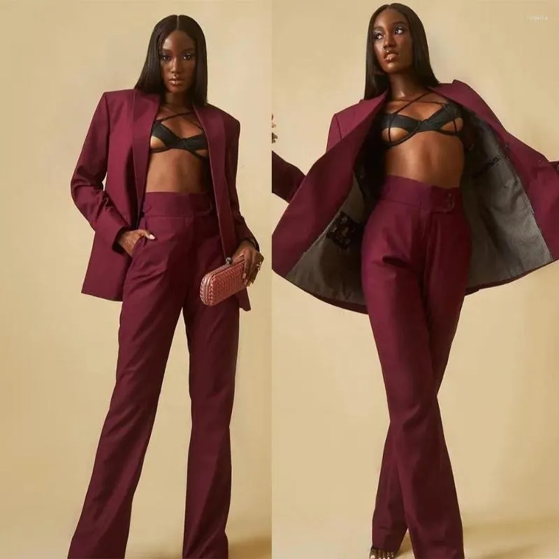 Men's Suits Classic Burgundy Women Set 2 Pieces Peaked Lapel Custom Made Over Size Blazer Loose Pant Streetwear Outdoor Evening Dress