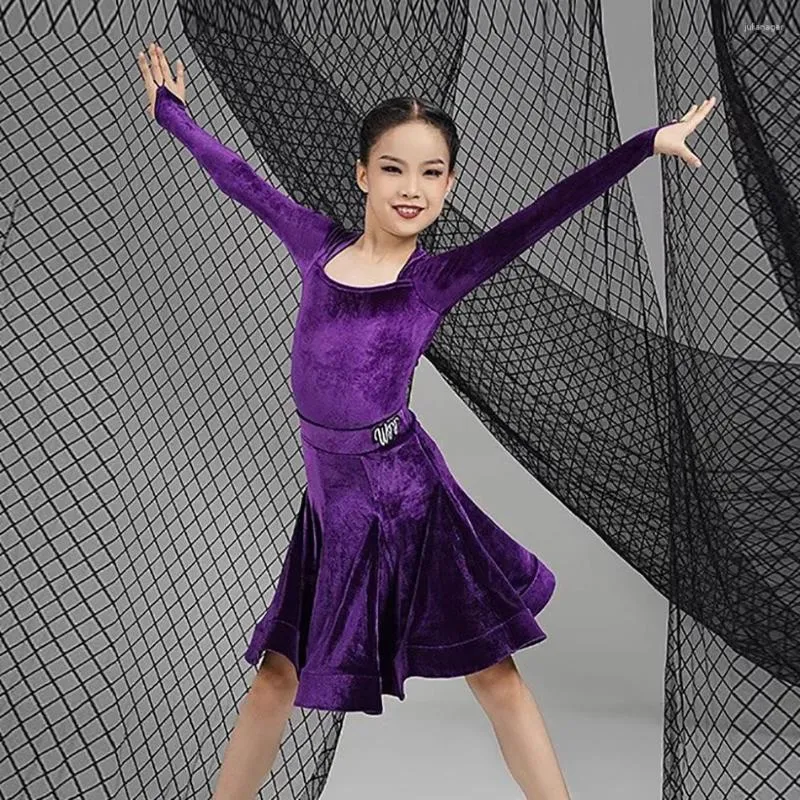 Стадия ношения юбки Lotus с длинным рукавом Kids Latin Dance Drant For For Girl Dress Соревнование по бальным танцам NY23 KID23B217