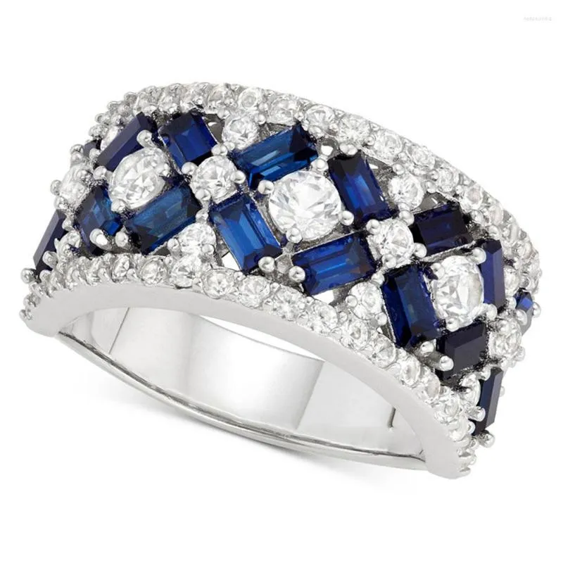 Anneaux De Mariage Huitan Magnifique Cristal Rond Avec Rectangle Bleu CZ Anneau De Bande Pour Les Femmes Top Qualité Bijoux Anniversaire Cadeau Dame