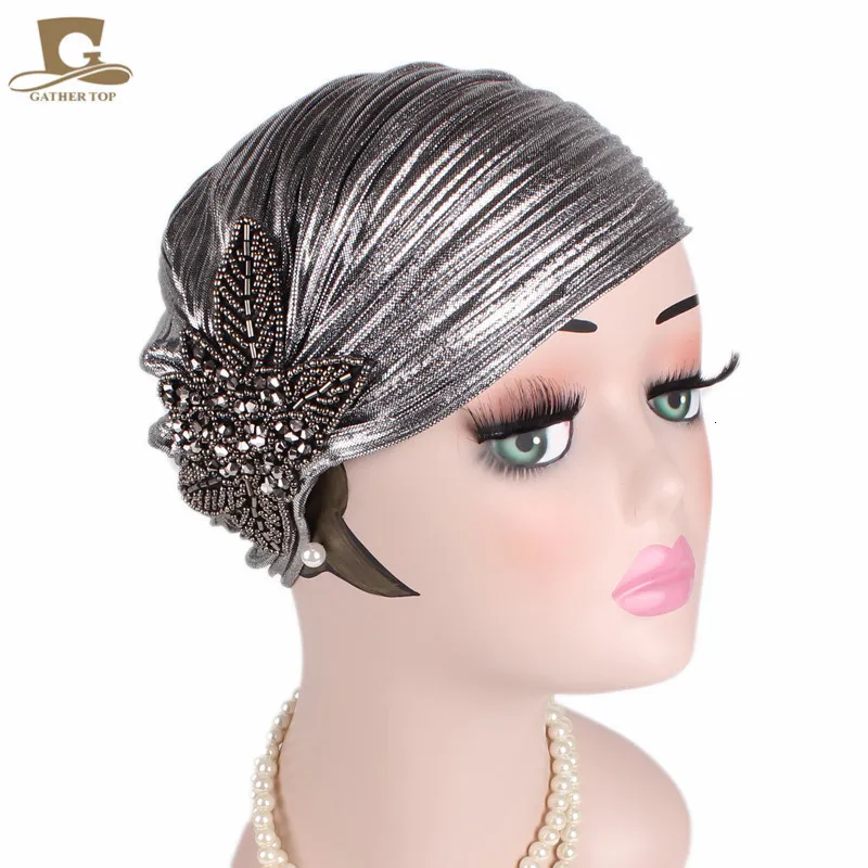 Bandanas Durag Women Luxury Metallic Shinny Ruffle Turban Head Wrap With Beaded Flower Lady Chemo Bandanas Hijab Hair Accessories 230729