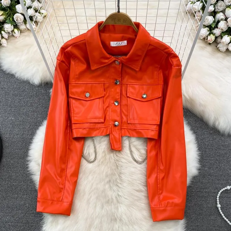 Women's Jackets Korean Version Lapel Long Sleeve Pocket Sweet Cool Wind Motorcycle Suit PU Leather Jacket Short Style