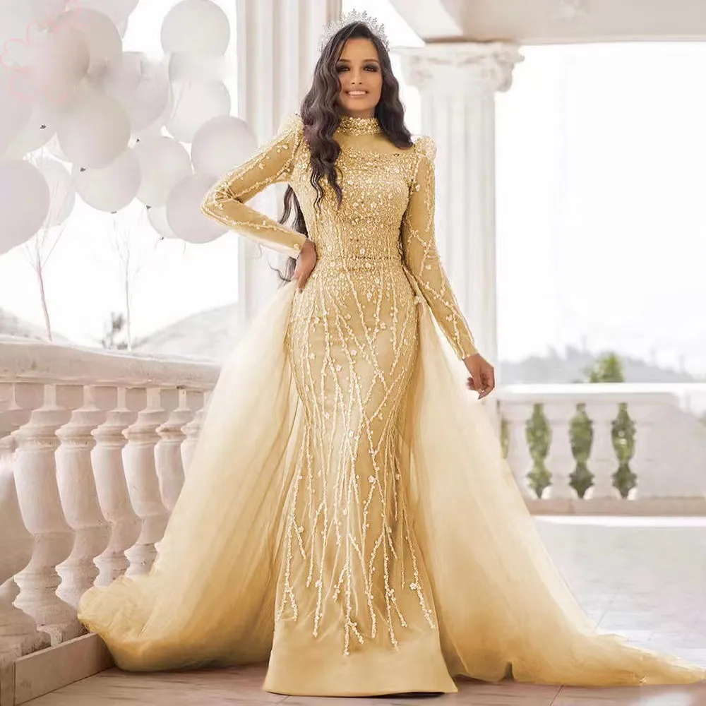 Shiny Gown Vintage Mother Of The Bride Dresses Mermaid Dubai Arabic Sequined Bling Long Sleeves Lace Appliques Crystal Beads Evening Gowns Wear Wedding Guest