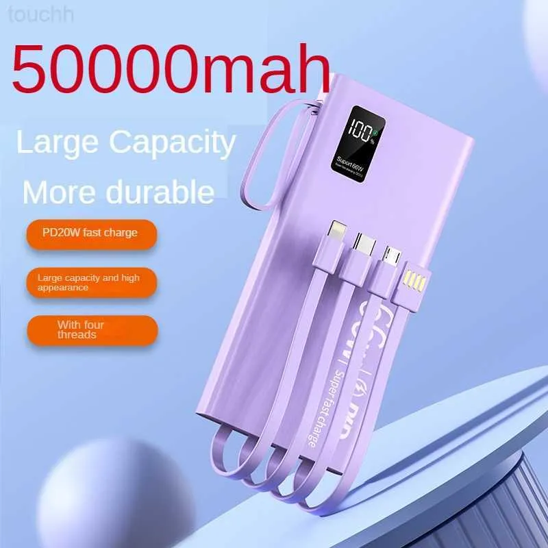 휴대 전화 전력 은행 50000mAh 파워 뱅크 휴대용 충전기 내장 케이블 고속 충전 파워 뱅크 배터리 팩 iPhone Huawei Samsung Tablets L230731