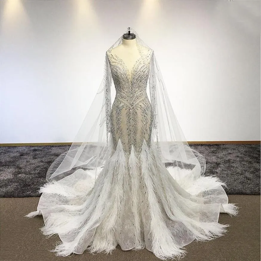Sexy See Through Crystal Beaded Mermiad Wedding Dress With Feathers Luxury Sparkly Plus Size Dubai Bridal Gown Custom Made262y