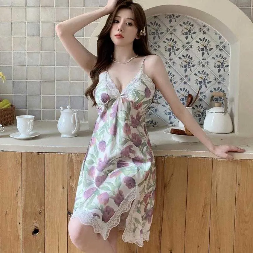 Sexy Pasp Nightgown Lady Sleep Dress Druk Suknia nocna letnia kobiety topewewarne odzież nocną salon L230626