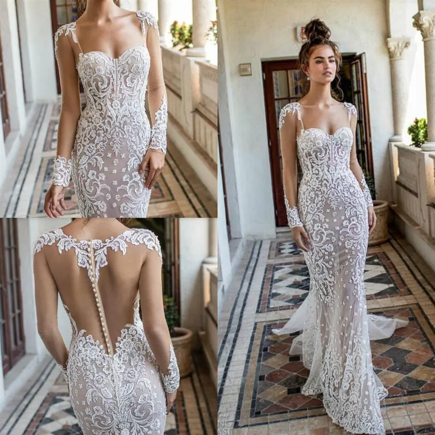 2019 Berta Mermaid Wedding Dresses Scoop Neck Lace Applique Button Back Sweep Train Long Sleeve Wedding Gowns robe de Sexy Bridal 325k